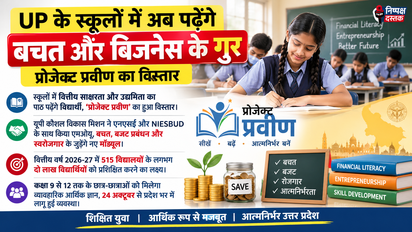 UP के स्कूलों में अब पढ़ेंगे बचत और बिजनेस के गुर, प्रोजेक्ट प्रवीण का विस्तार