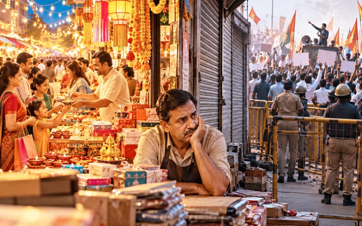 त्योहारों के बीच सियासी टकराव: व्यापारी क्यों बन रहे हैं आंदोलन के मोहरे?